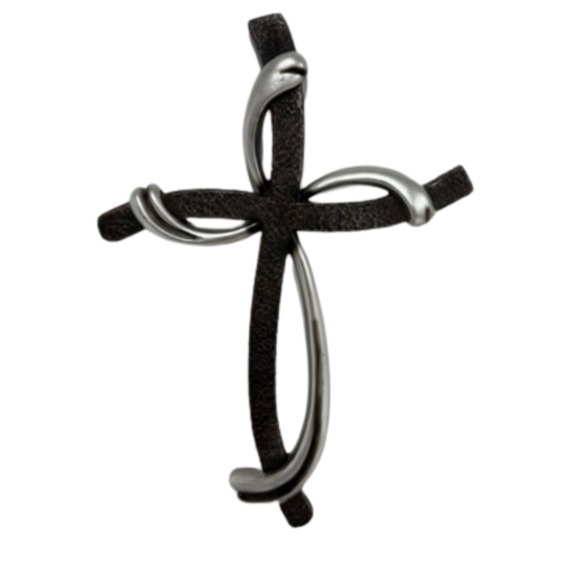 Faux Metal Wall Cross 13x9 Inch Christian Decor Brown Silver Farmhouse Style - Picture 1 of 13